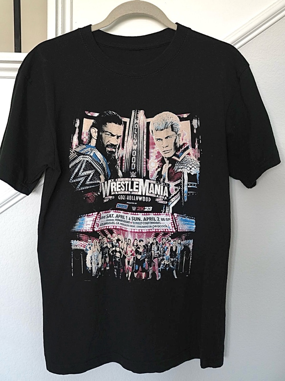 WWE Black WrestleMania Graphic Tee with Multicolor Marquee Art